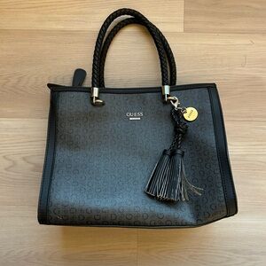 GUESS Black & Gray Signature Monogram Satchel Handbag w/ Braided Handles